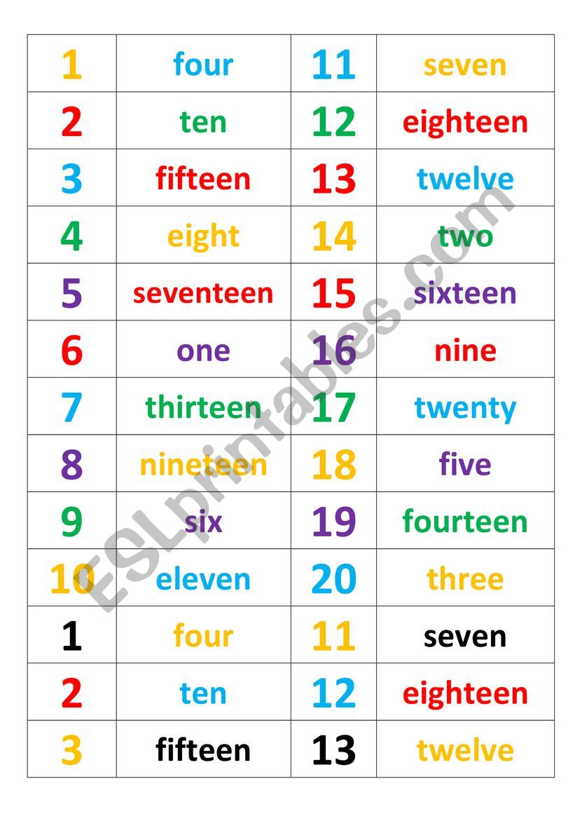 Numbers 1-20 domino worksheet