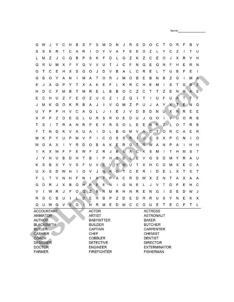 Jobs Word Search + Answer Key worksheet