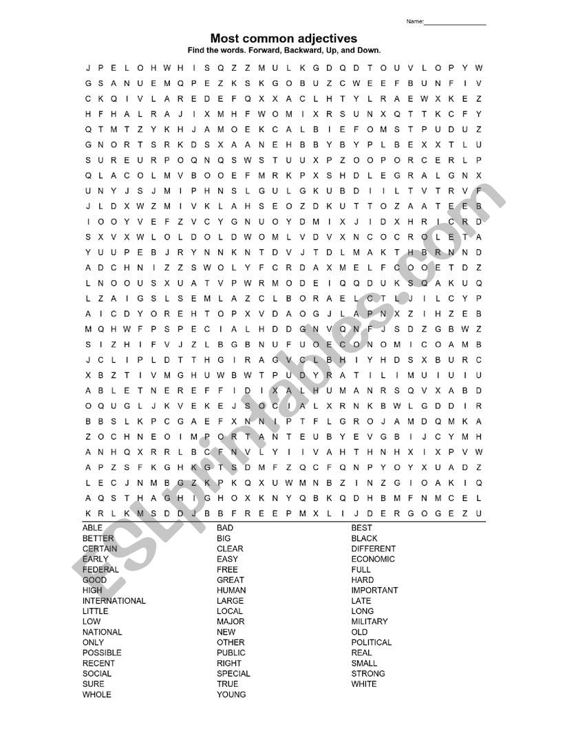 Most Common Adjectives Word Search + Answer Key