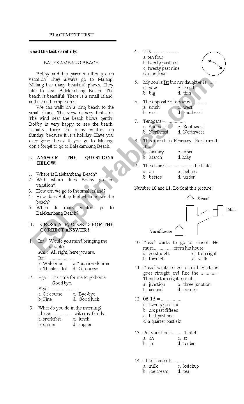 Placement test worksheet