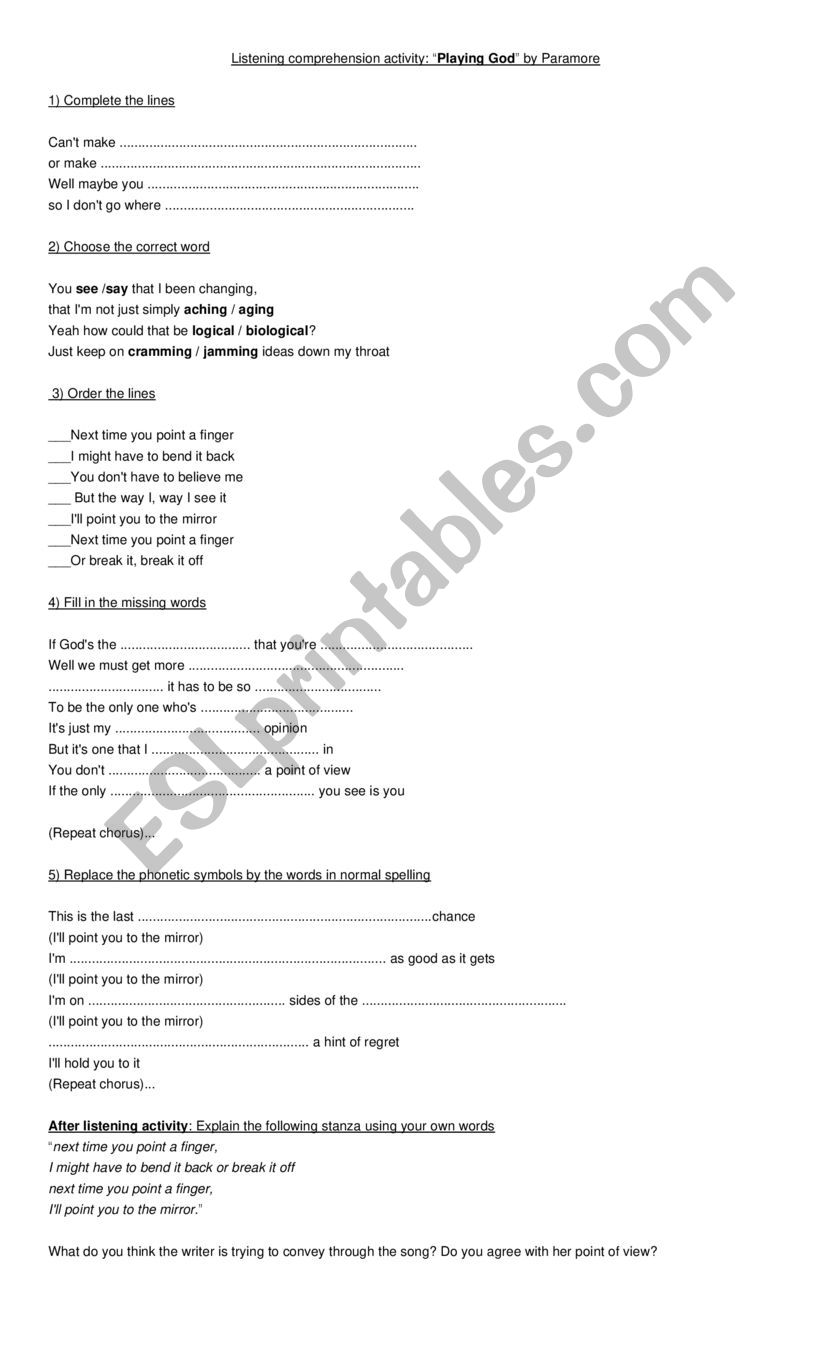 Playing God (by Paramore) worksheet