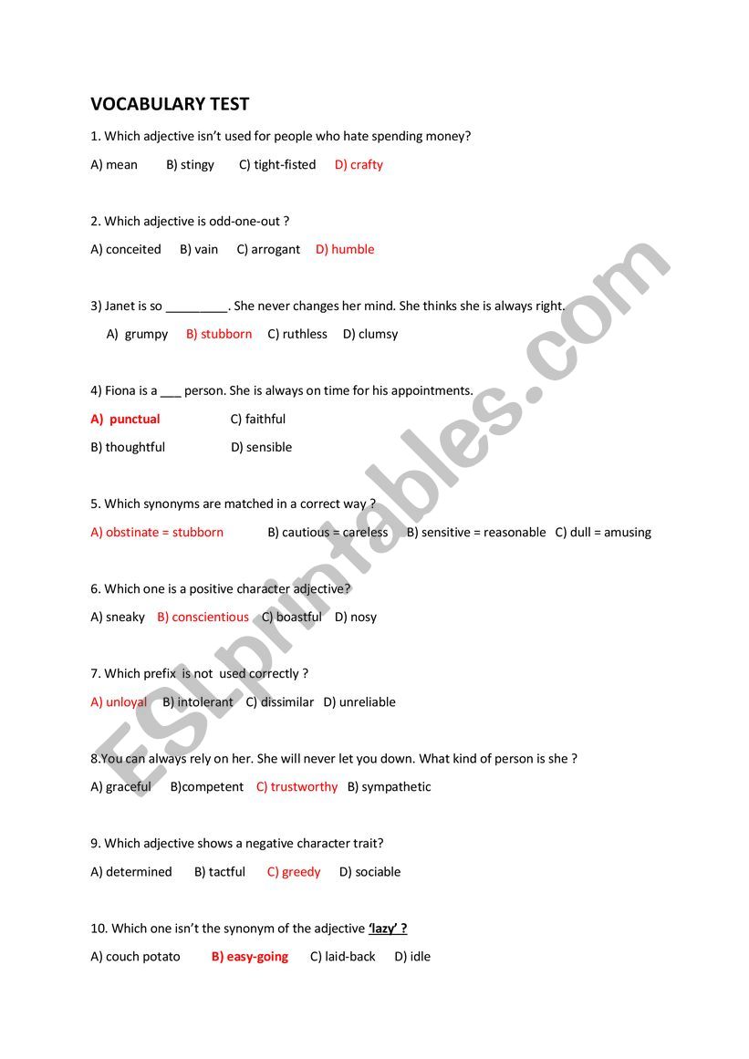 Vocabulary Test worksheet