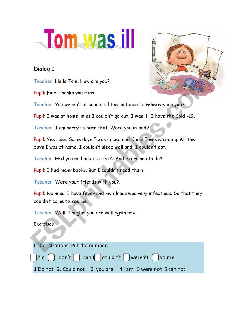 Tom was ill worksheet