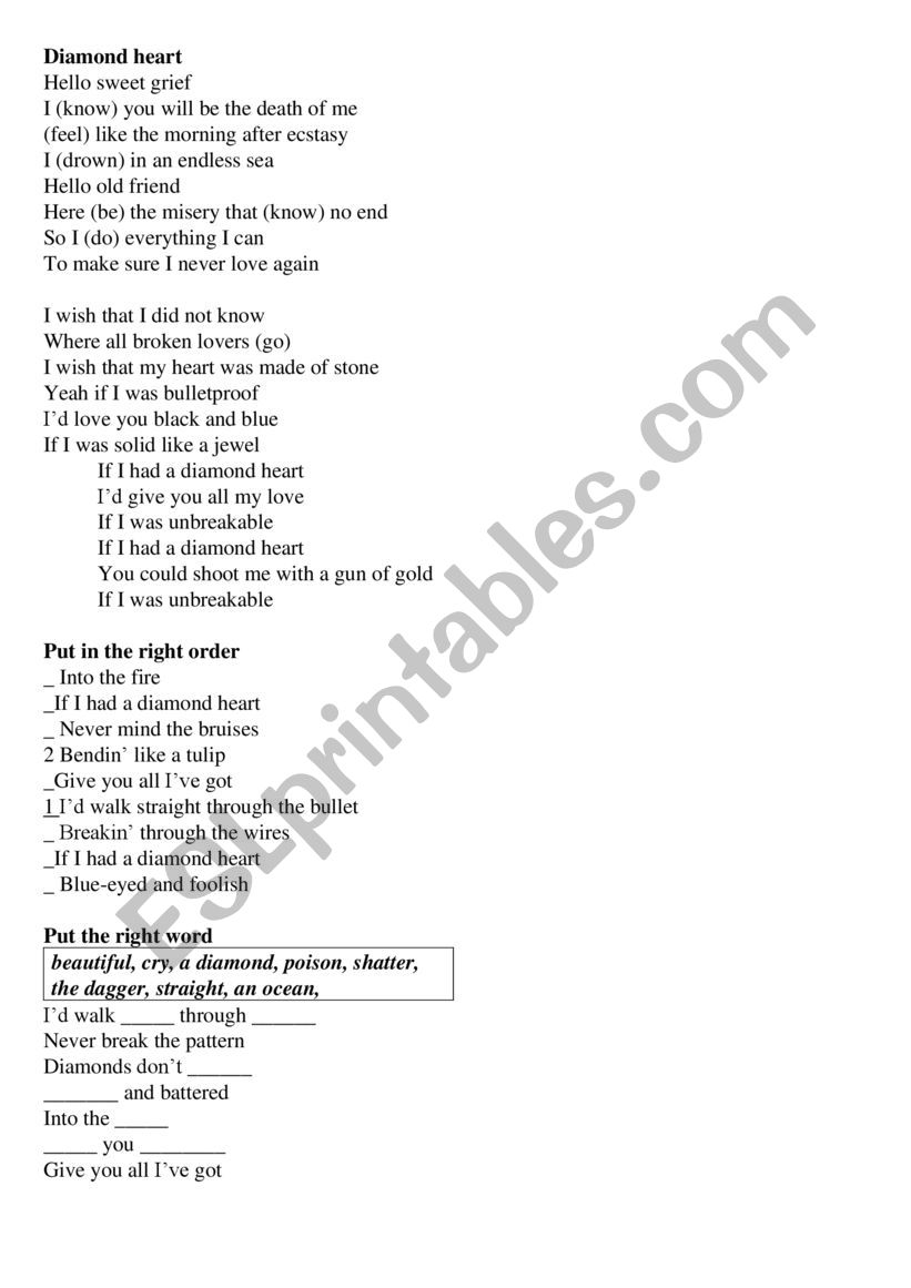 Diamond Heart by Alan Walker worksheet