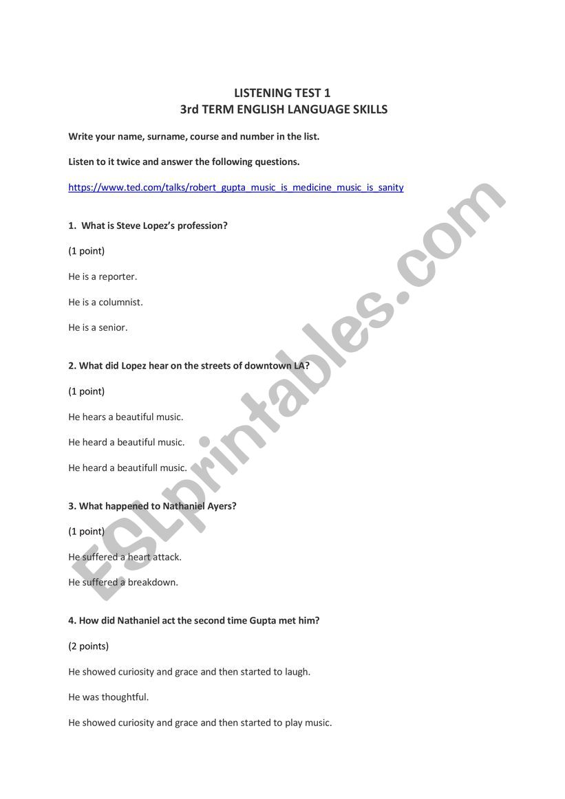 Listening test worksheet