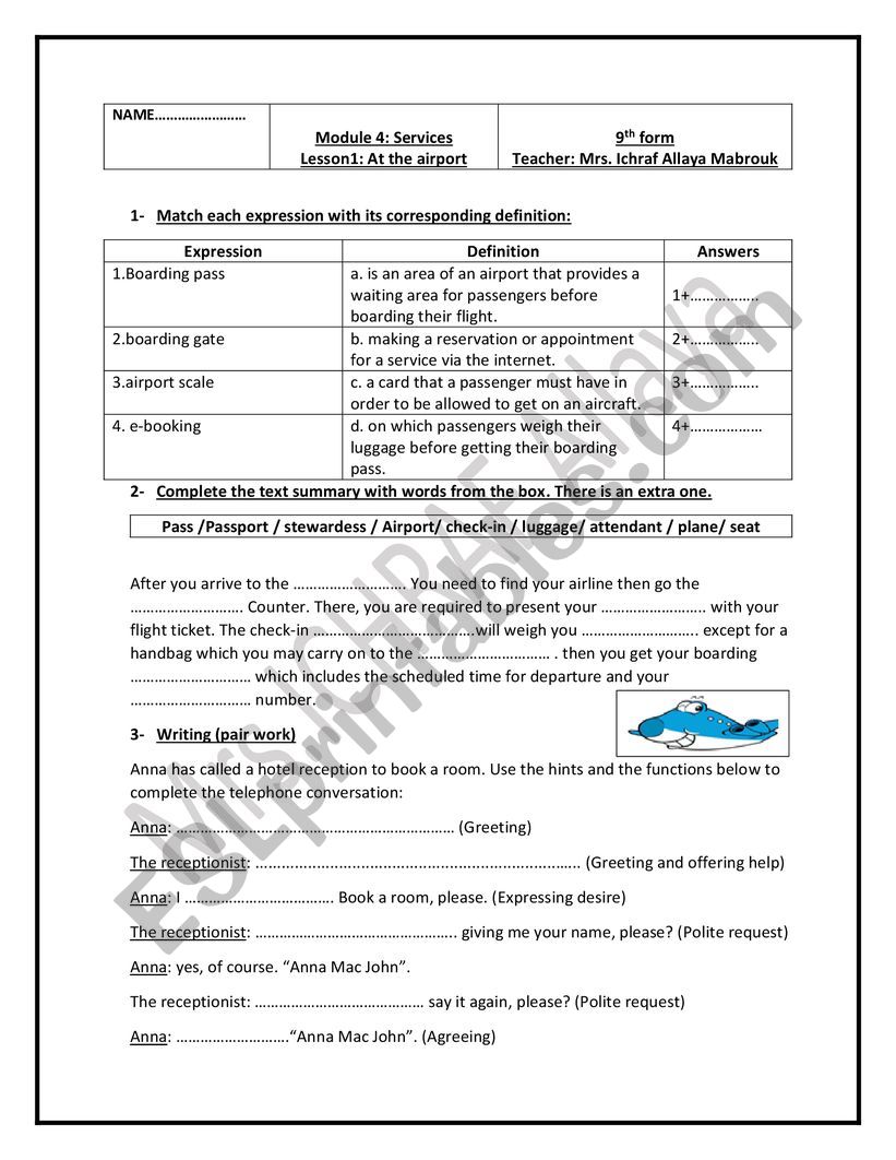 at the airport 9th form worksheet