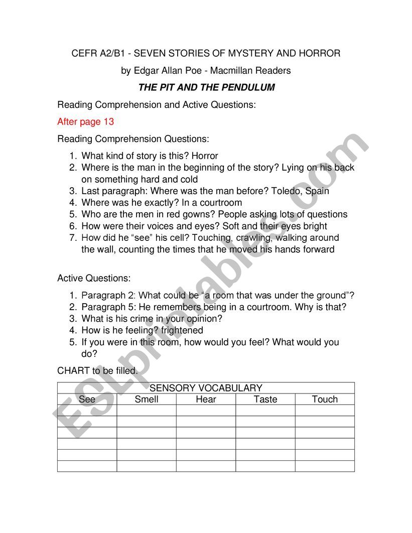 THE PIT AND THE PENDULUM worksheet