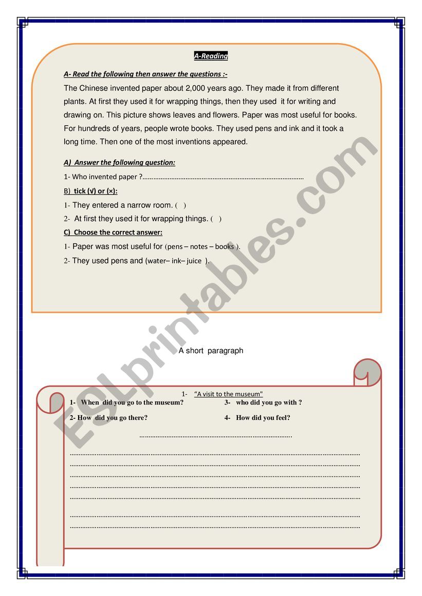 Simple reading and writing worksheet based on English world course