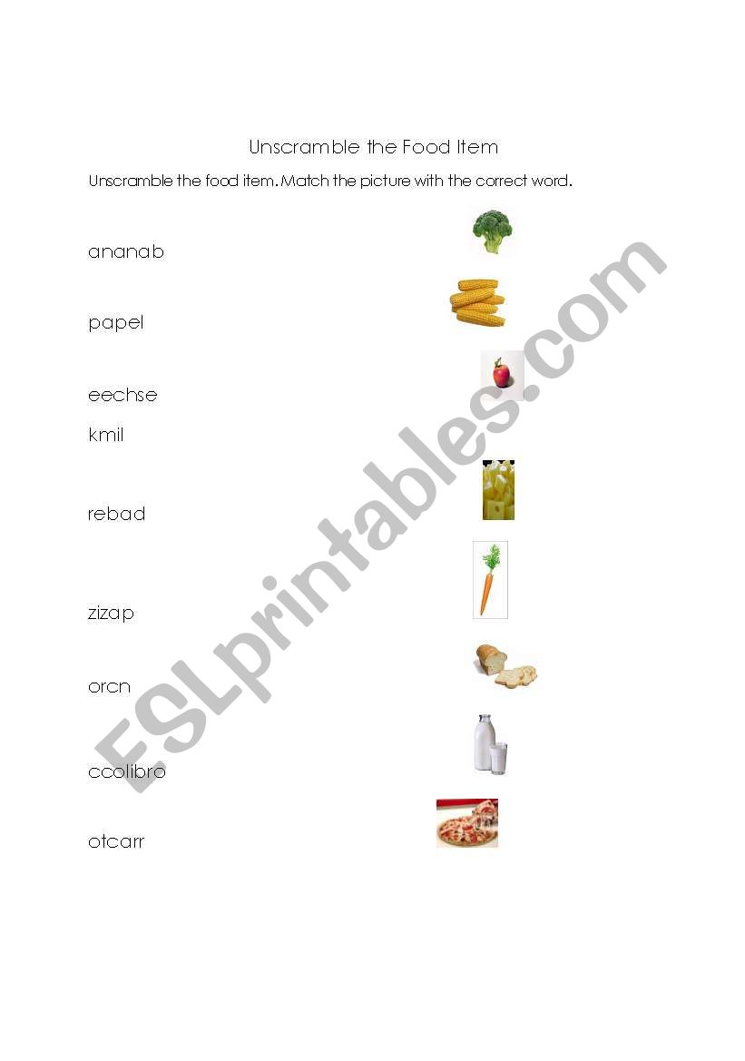 Unscramble the Food Item and Match Picture with correct word