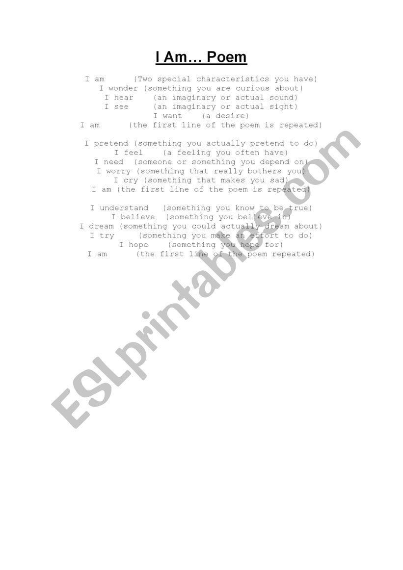 I am ...a poem worksheet