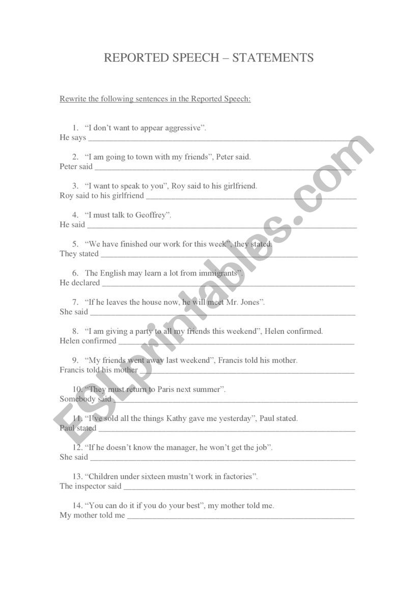 Exercises on Reported Speech worksheet