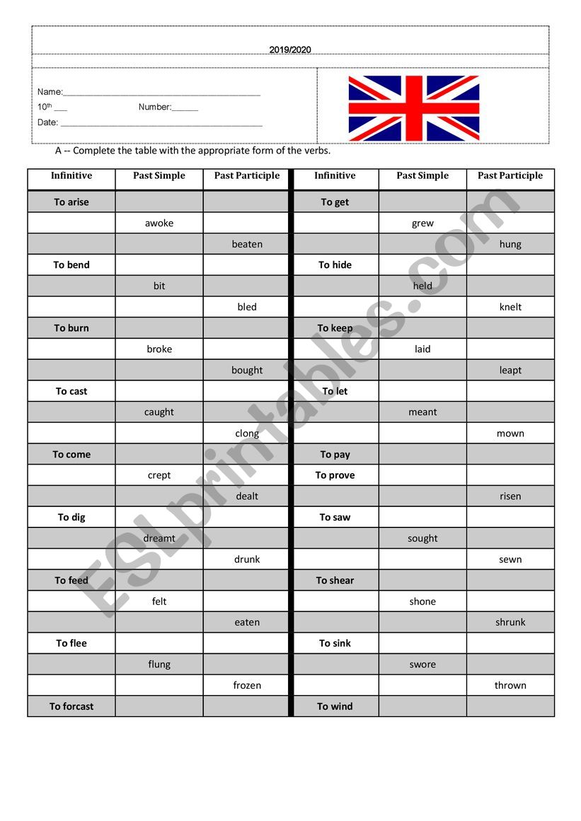 Irregular Verbs worksheet