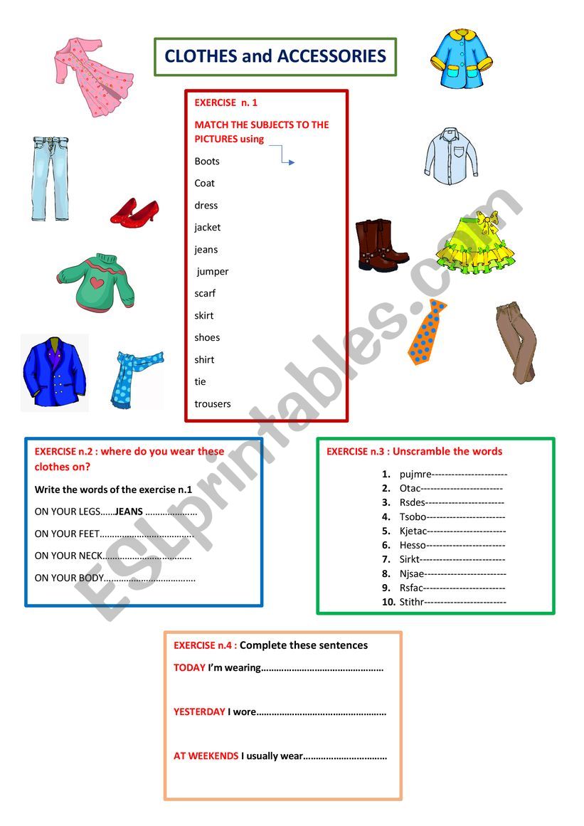 Clothes and accessories worksheet