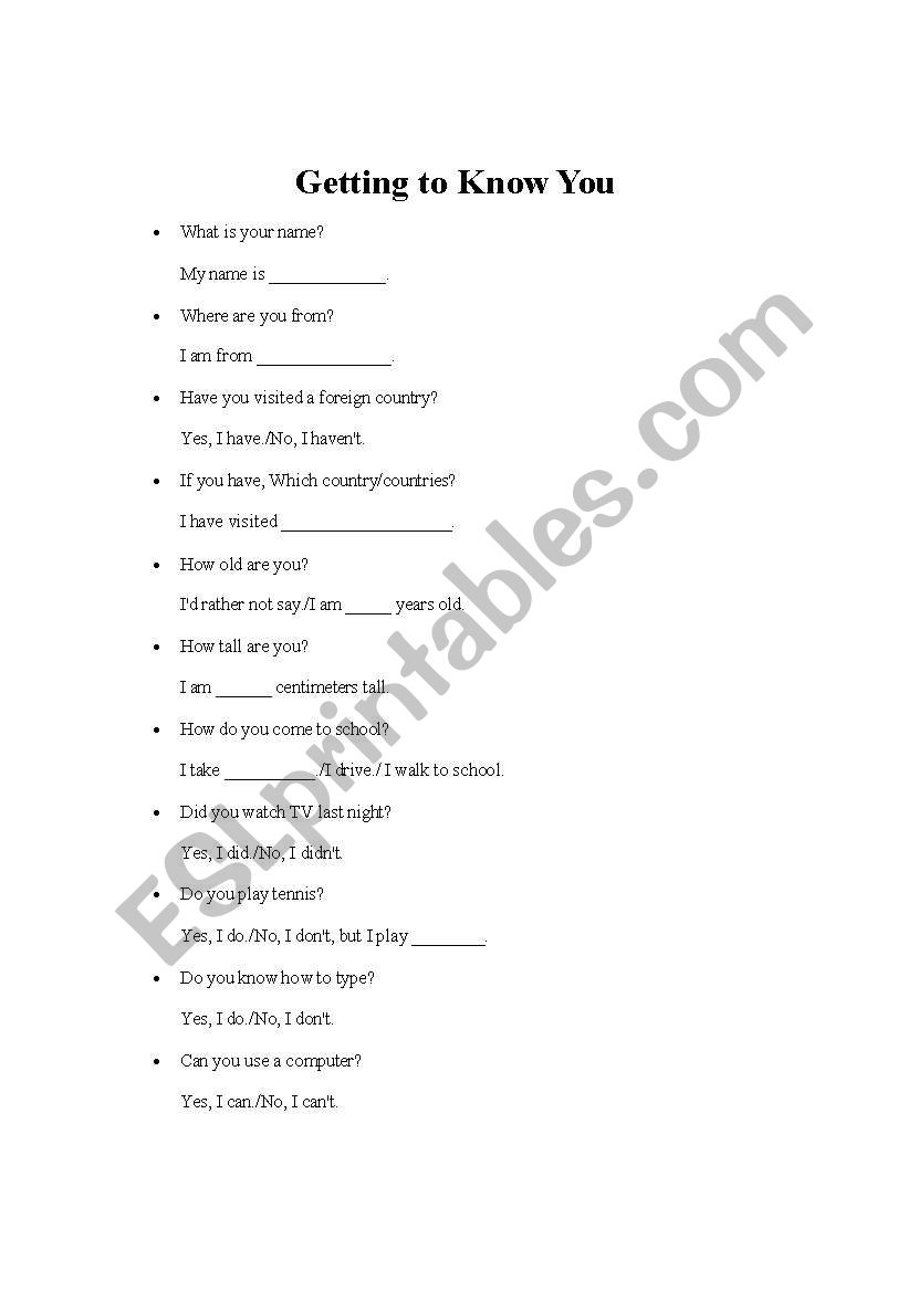 self interview worksheet