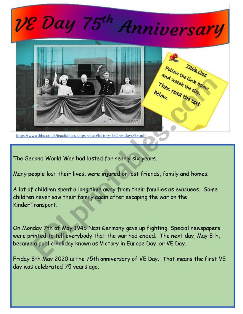 VE Day 75th Anniversary E1 worksheet