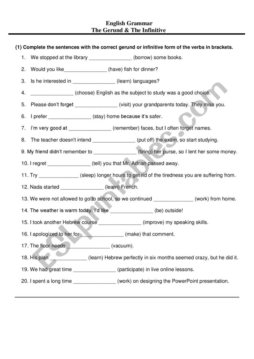 The Gerund & The Infinitive worksheet