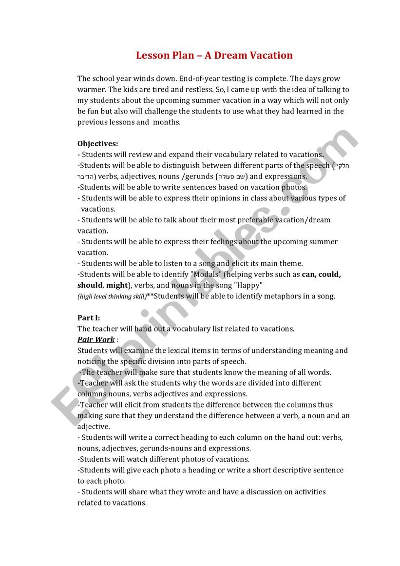 Dream Vacation Lesson Plan worksheet