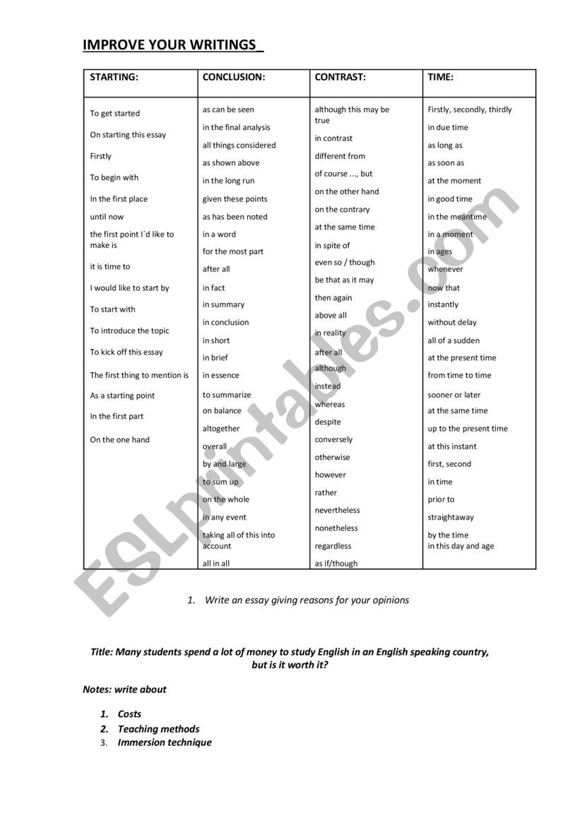 Improve your writings worksheet