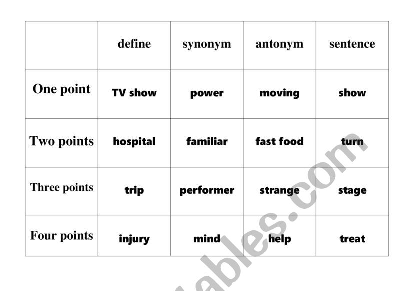 Vocabulary game worksheet