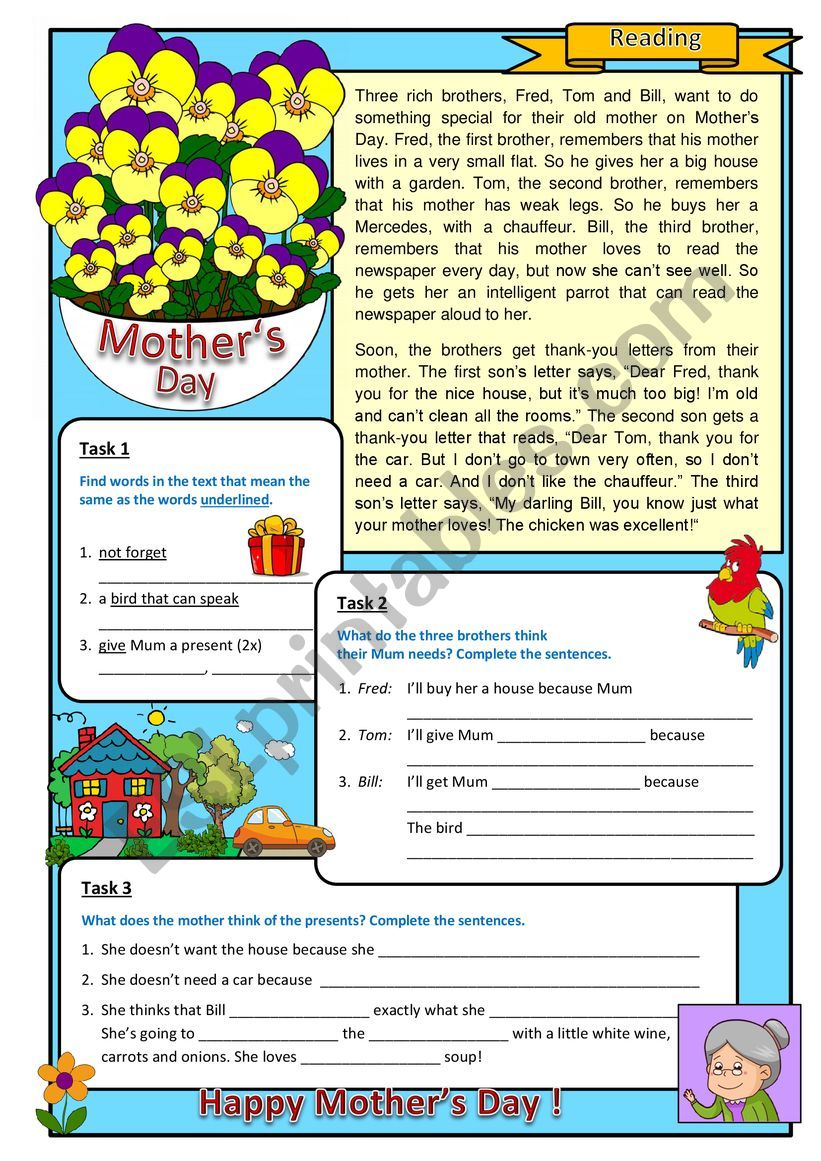 Mother�s Day, reading worksheet