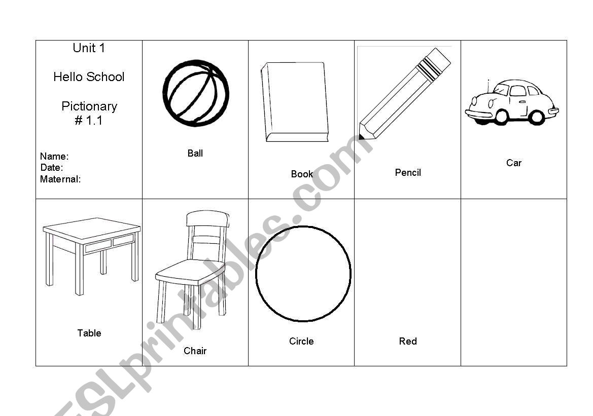Hello school pictionary worksheet