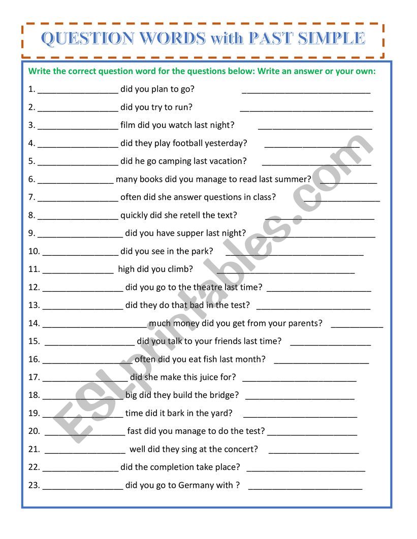 Wh-Questions with Past Simple worksheet Wh-Questions with Past Simple worksheet