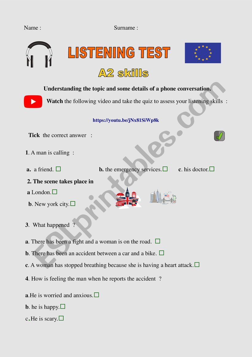 A2 LEVEL listening TEST worksheet