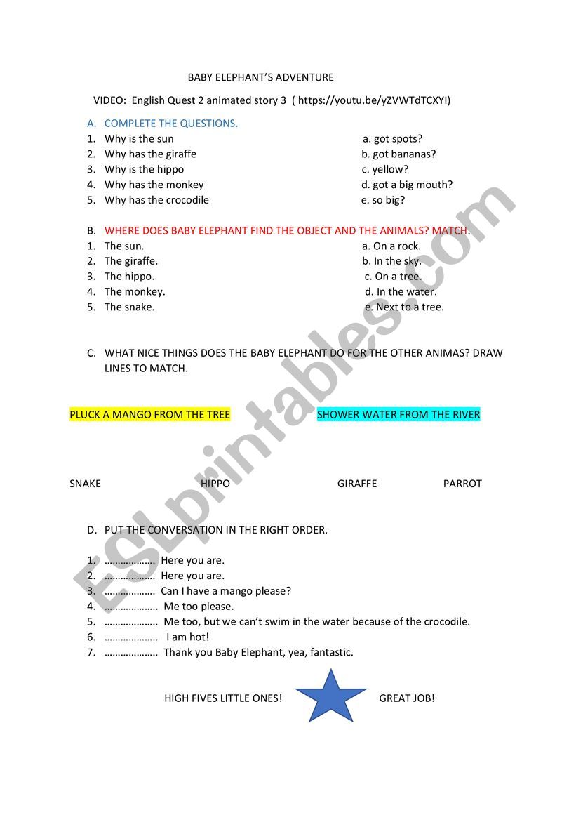 Baby Elephant�s adventure. worksheet