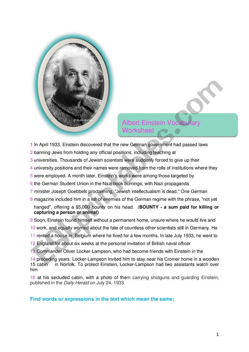 Albert Einstein Vocabulary Worksheet
