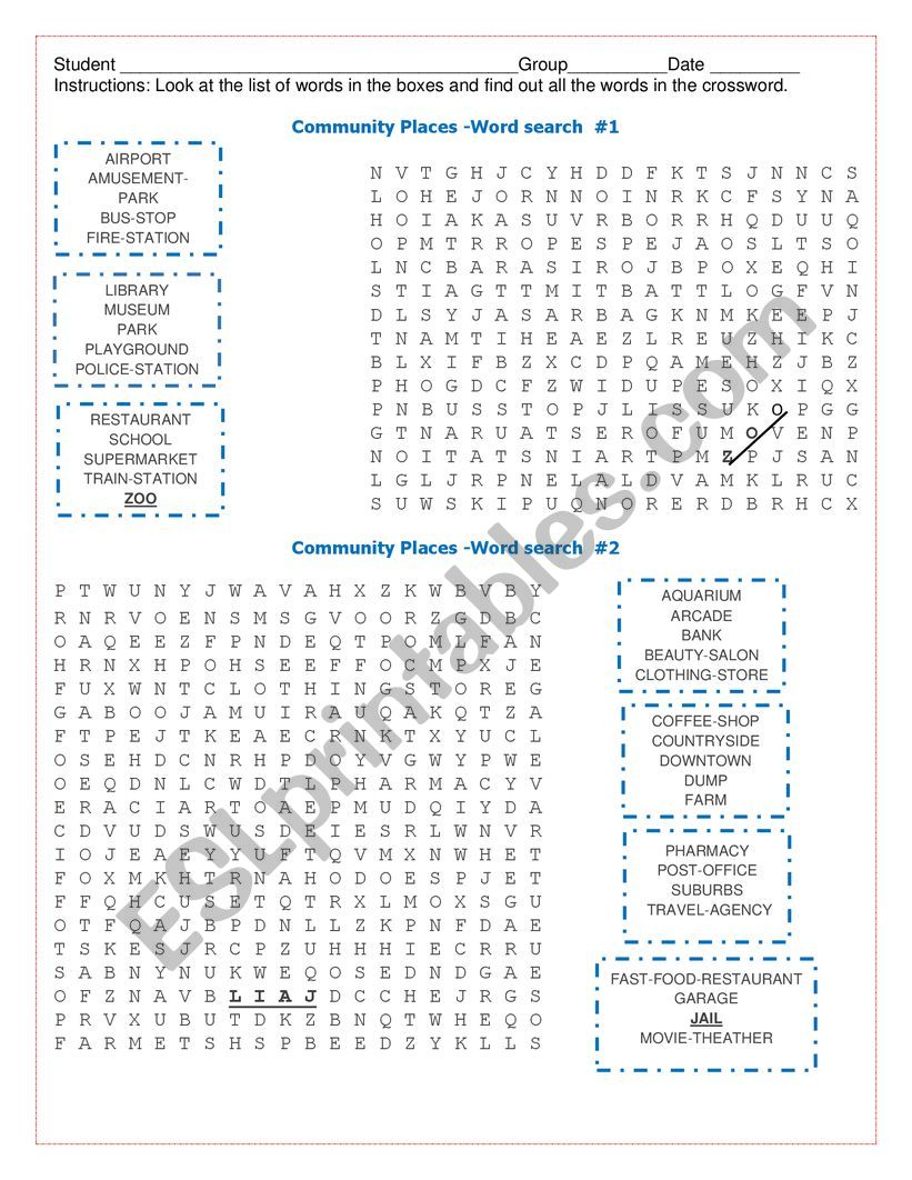 Community Places worksheet