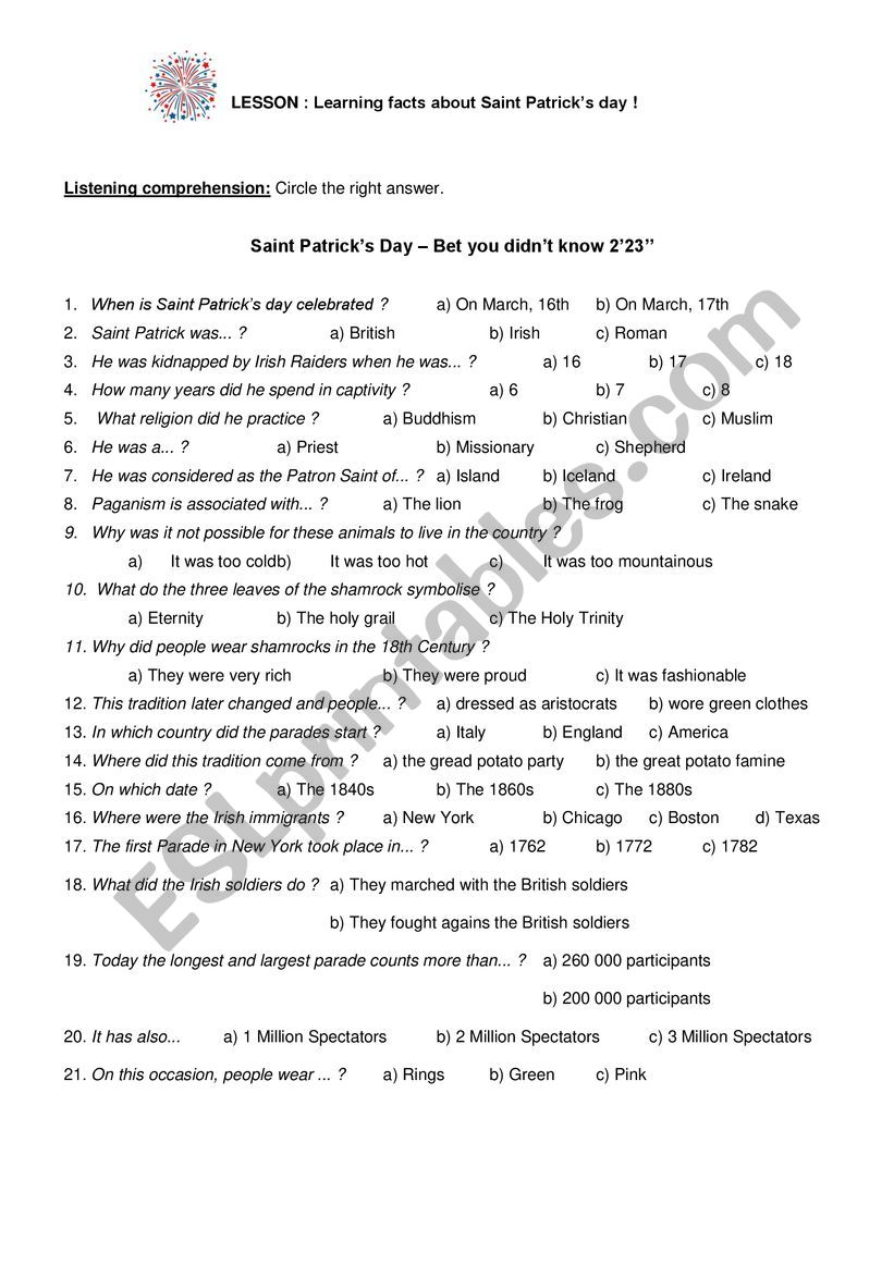 Saint Patrick s day  worksheet