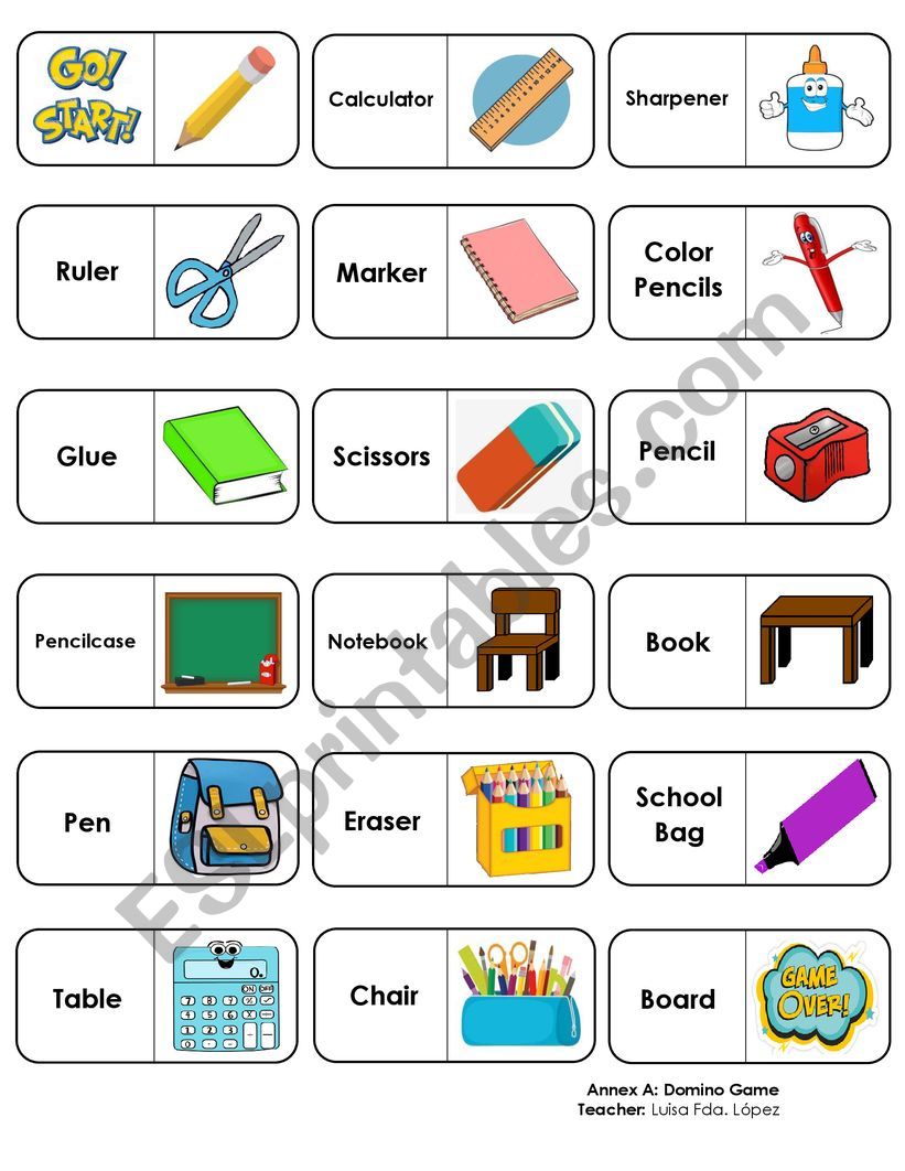 domino classroom objects worksheet