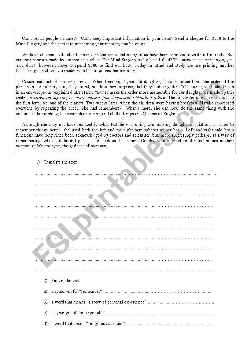 Improve your mind worksheet