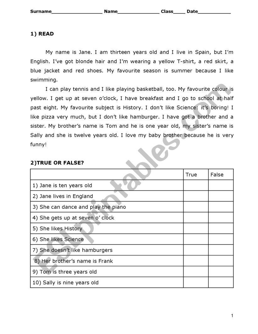 Reading comprehension worksheet