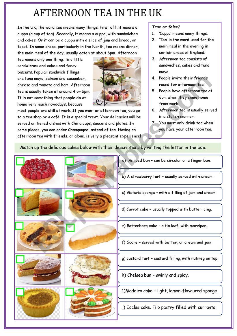 Afternoon tea worksheet