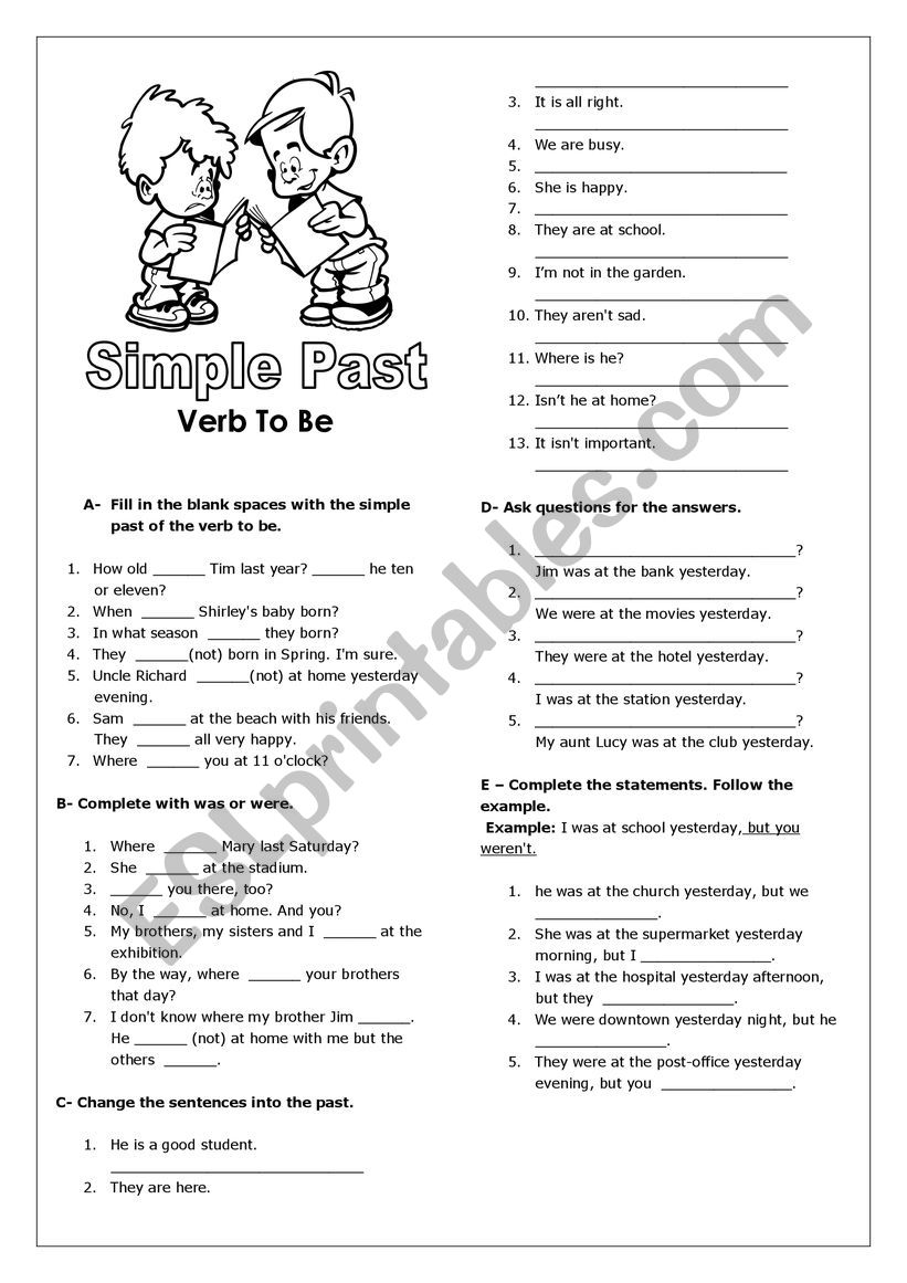 Past simple To Be worksheet