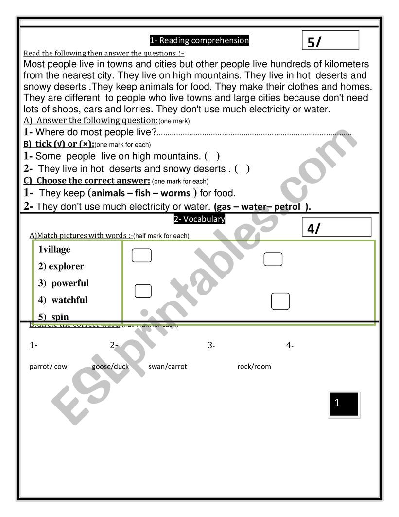 Test based on English world  worksheet