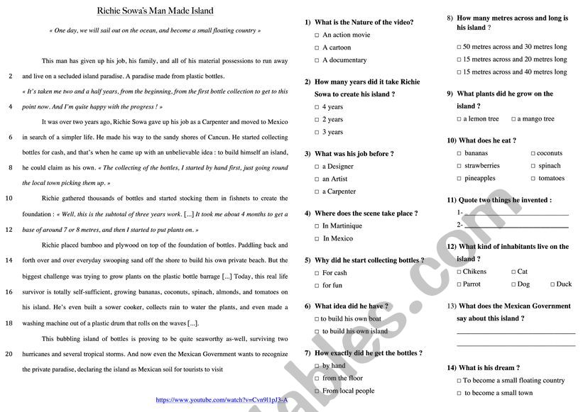 Richie Sowa s man made island worksheet