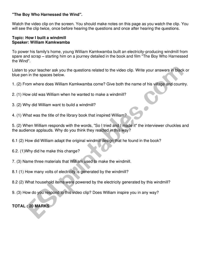 Boy Who Harnessed the Wind worksheet