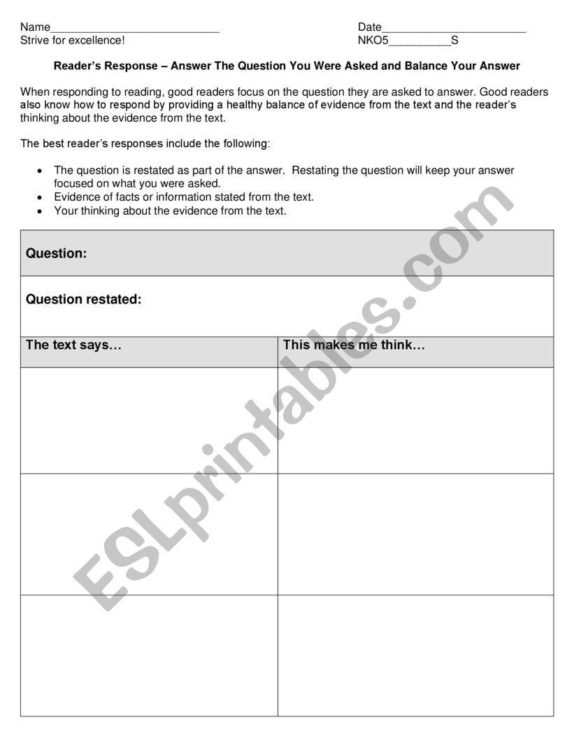 Reader�s Response worksheet