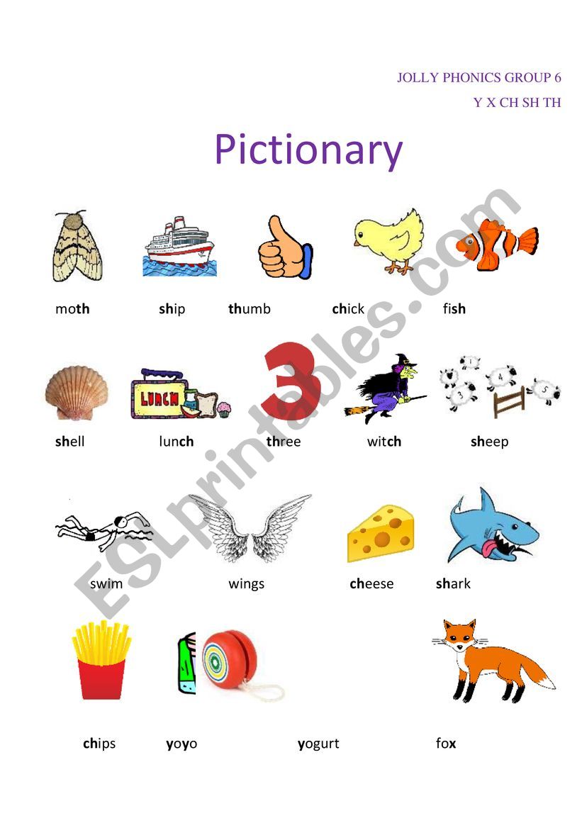 Jolly Phonics 6 sounds group pictionary