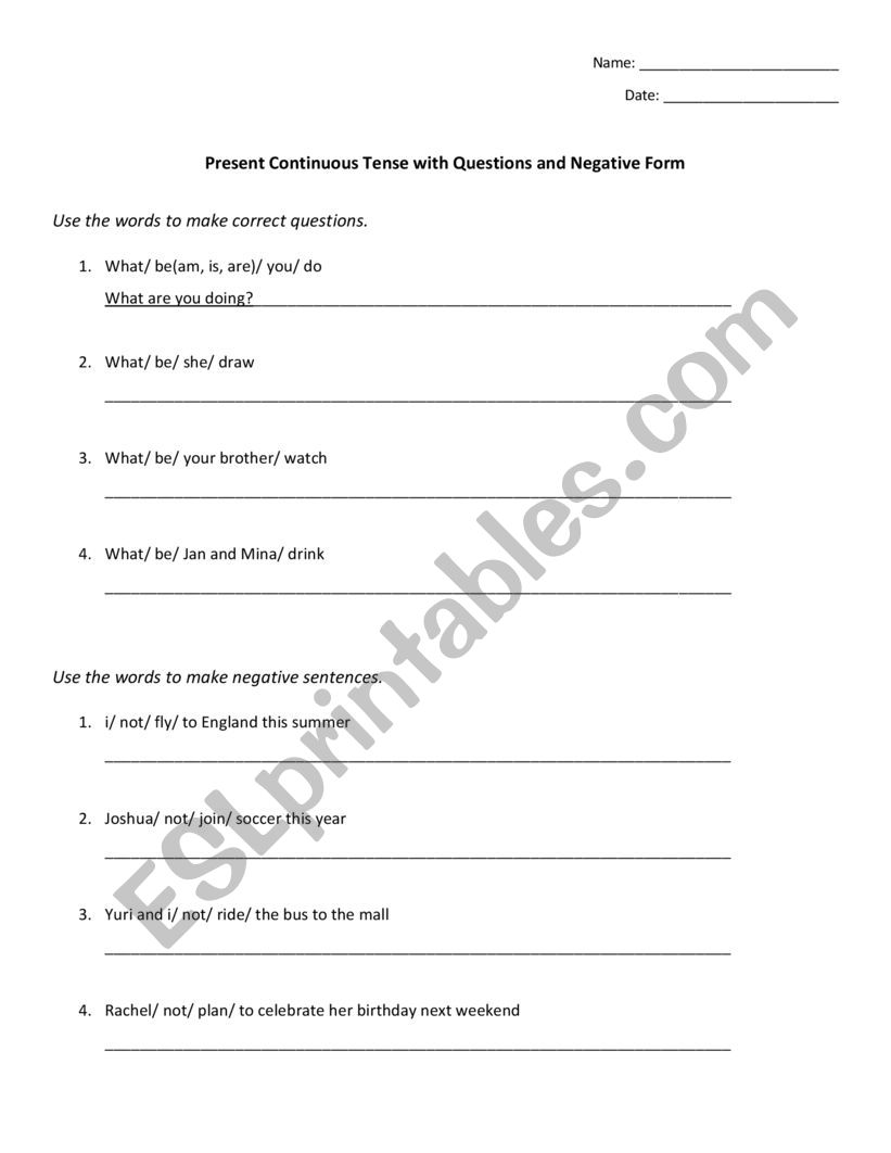 Present Continuous Tense worksheet