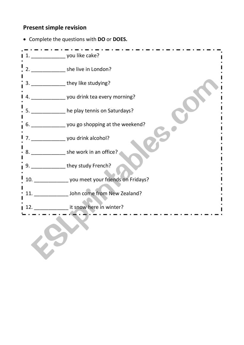 Present simple revision worksheet