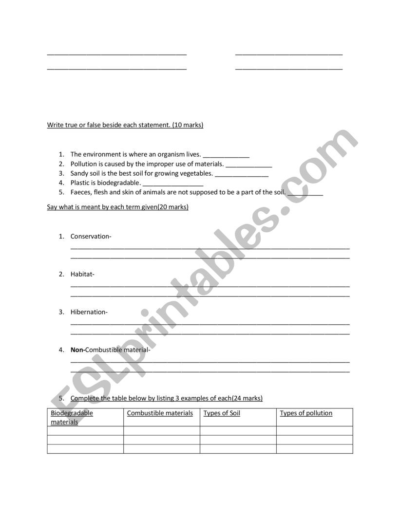 ENVIRONMENT worksheet