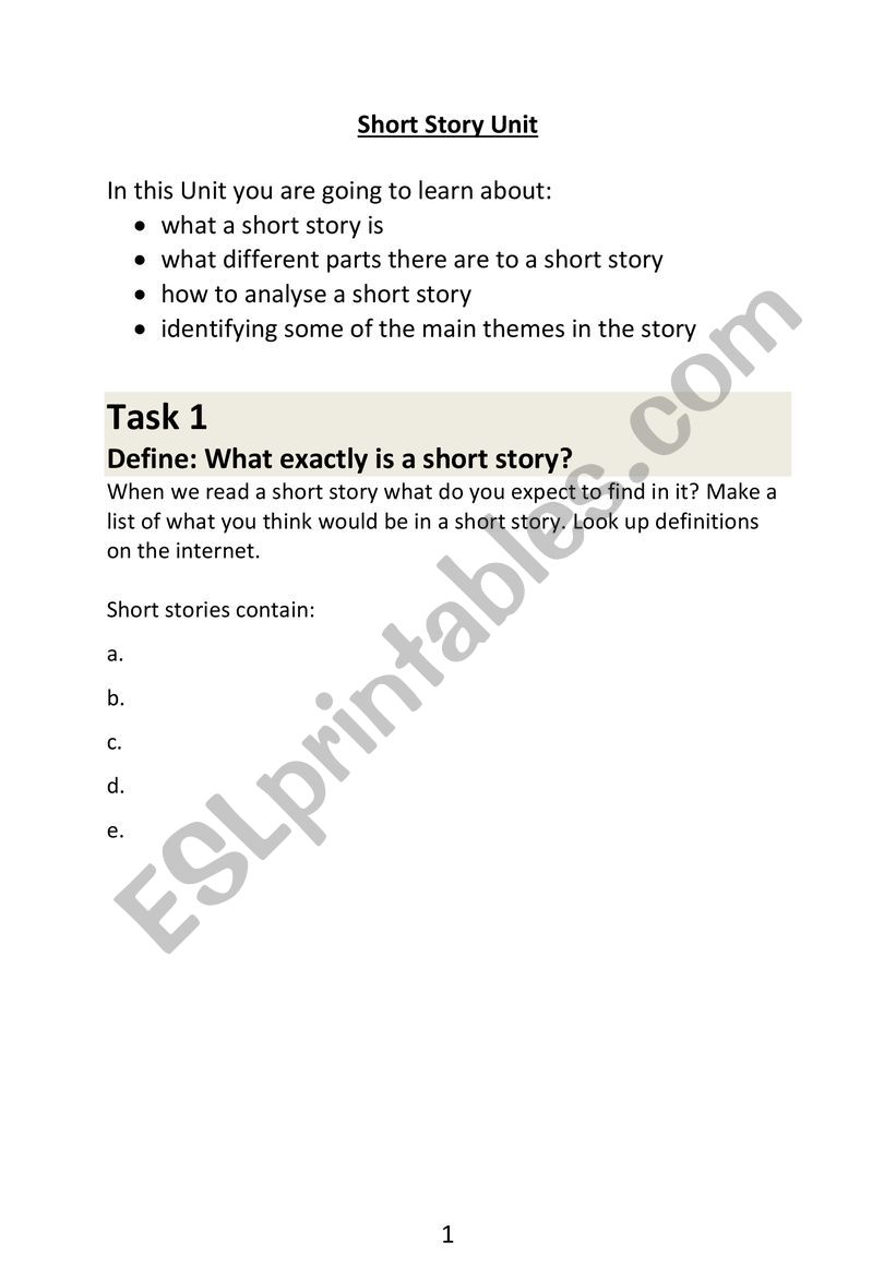 Short Stories worksheet