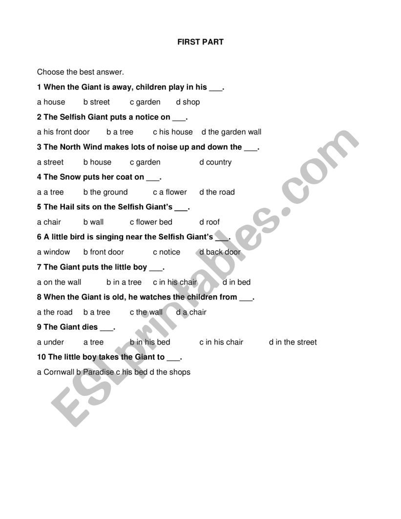 eval. selfish gigant worksheet