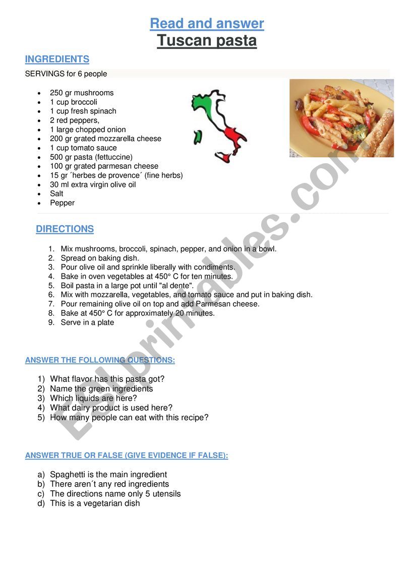 TUSCAN PASTA worksheet