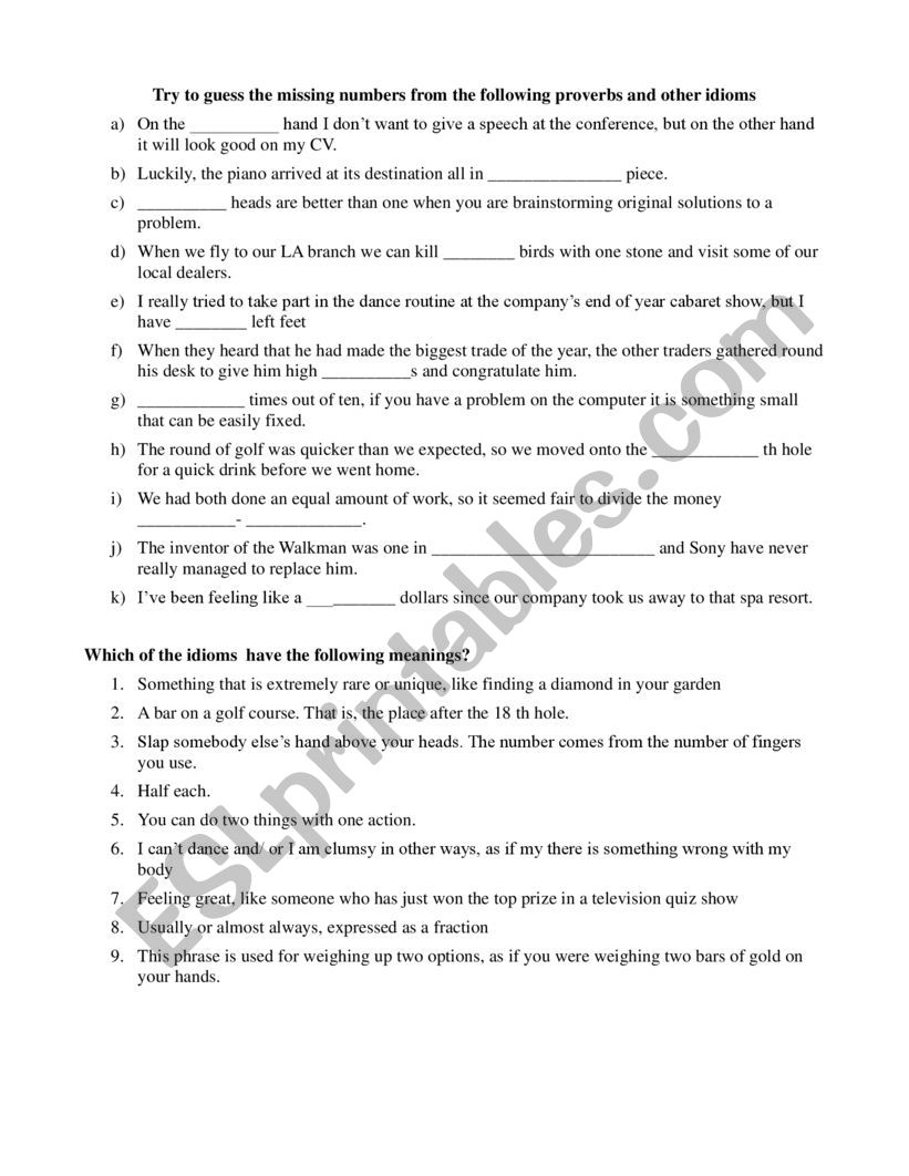 Numbers Idioms worksheet