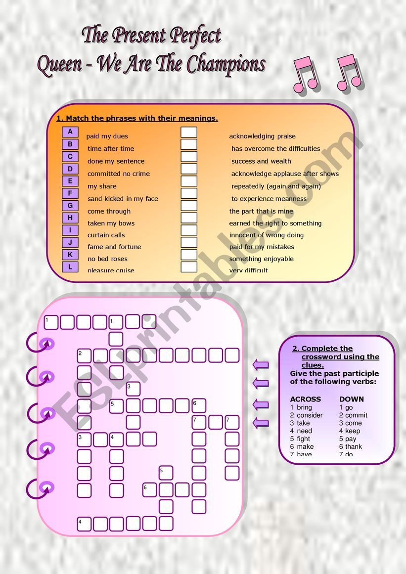 songworksheet present perfect worksheet