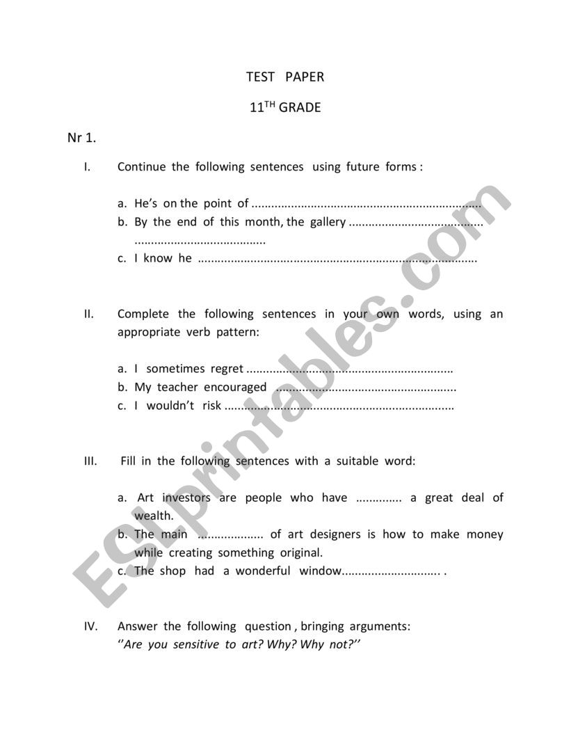 test paper worksheet